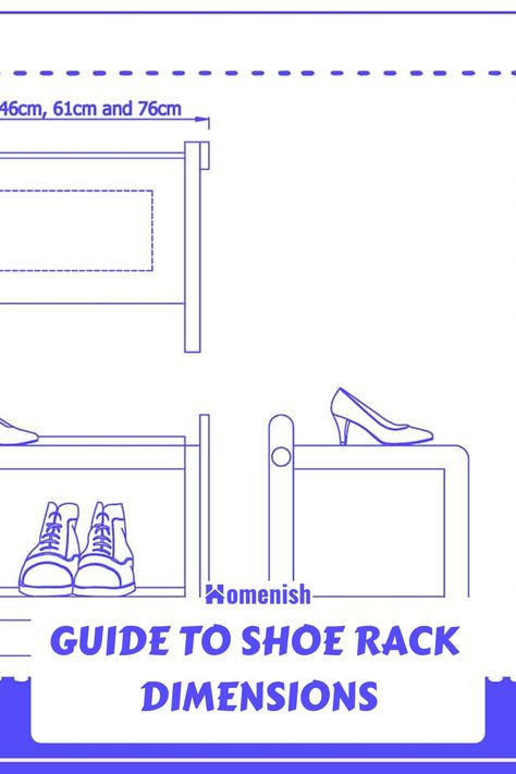 As a general rule, the shoe rack depth should be at least 13 inches so that it can store most types of shoes, including boots and stilettos. Typically, most common shoes can fit in spaces with a depth measurement of 18, 24, and 30 inches, as explained in the shoe rack size chart. Shoe shelf height will vary based on how many shelves you want to stack. Shoe Rack Dimensions Shelves, Custom Shoe Racks Shelves, Closet Shoe Shelf Dimensions, Shoe Shelf Dimensions, Shoes Shelf Ideas, Shoe Rack Measurements, Shoe Storage Dimensions, Shoe Rack Dimensions, Shoe Rack Plans