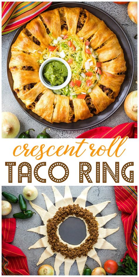 Pampered Chef Taco Ring With Crescent Rolls, Pilsbury Crescent Taco Ring, Taco Wrap Crescent Rolls, Ring Sandwiches Crescent Rolls, Croissant Rings Dinner, Creasant Roll Ring Recipes, Pull Apart Taco Ring, Fun Family Dinners To Make Together, Baked Taco Ring