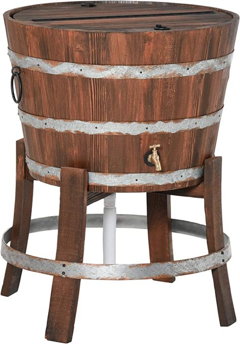 13 Gallons Retro Style Wooden Cooler Ice Bucket with Support Frame, Foldable Flip Cover, and Drain Faucet Backyard Cooler, Wooden Cooler, Patio Cooler, Bucket Cooler, Faucet Design, Ice Cooler, Wooden Barrel, Storage Buckets, Bbq Area