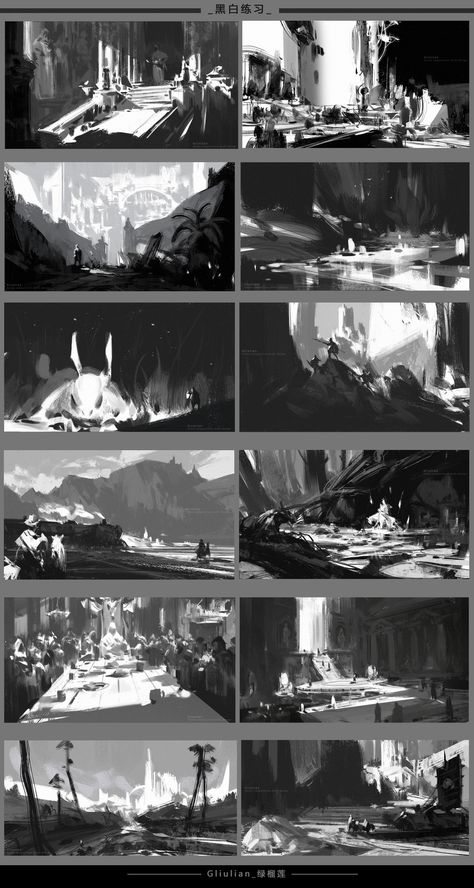 ArtStation - Black and white light, G liulian Environment Sketch, Environment Painting, Bg Design, Concept Art Tutorial, Graphisches Design, Splash Art, Landscape Concept, 흑백 그림, Composition Design