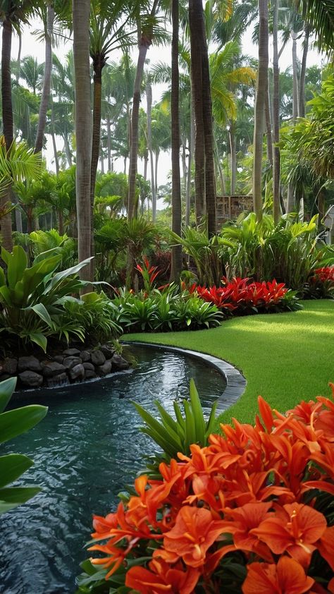 Garden Interior Design Outdoor, Resort Landscaping Ideas, Around A Tree Landscaping, Magical Landscaping, Tropical Landscape Lighting, Aesthetic Garden Ideas, Flower Backyard, Pool Garden Design, Home Landscaping Ideas