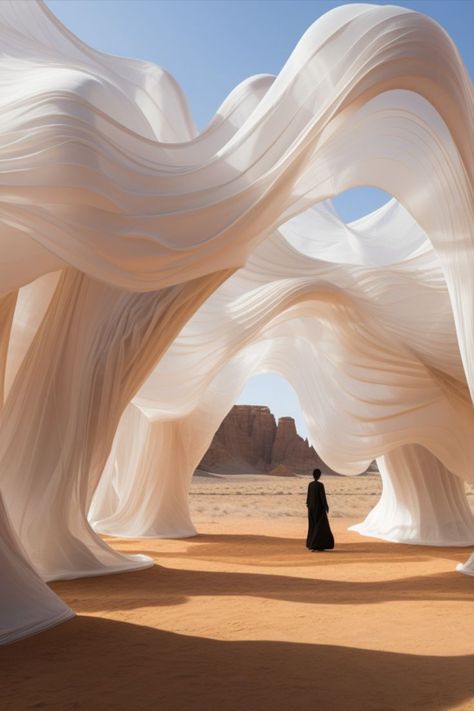 These graceful flowing curtains stand out vividly against the desert's harshness and give people a welcome break from the relentless sun. #aigeneratedart #aiart #midjournyaiart Bedroom Decor Curtains, Life Drawing Reference, Desert Environment, Mood Images, Desert Life, Desert Art, Shade Structure, Modern Curtains, Brutalism