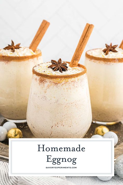 Easy instructions for how to make a homemade eggnog recipe, spiked eggnog and also a fabulous eggnog bar! Perfect for the holiday season! What Is Eggnog, Fun Christmas Cocktails, Eggnog Recipe Spiked, Homemade Eggnog Recipe, Eggnog Recipe Homemade, Christmas Crunch, Spiked Eggnog, Cream Cheese Appetizer, Meringue Desserts