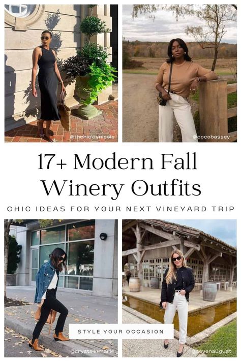 Wondering what to wear for a wine tasting outfit in the fall? These fall winery outfits are chic and there’s casual options with jeans, or more dressy looks with a skirt or dress. You’ll love these winery outfit and wine tasting looks for fall whether you are going to Napa Valley in 2023, for a date night, or with friends. Fall Outfits 2023 Winery, Jean Winery Outfit, Wine Tasting In The Fall Outfit, Outfits To Wear To A Winery Fall, Wine Tour Outfits Fall, Napa Fashion Fall, Fall Wineries Outfit, Winery Looks For Women, Napa Valley In November