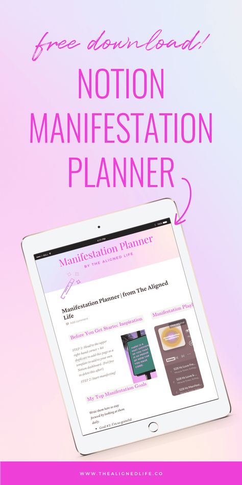 Ready to start manifesting money, love and CONFIDENCE? Give yourself a head start with our FREE digital Notion Manifestation Planner. Contains habit tracker, Manifestation Goal Planner, Manifestation Music, Manifestation Vision Board + Much more! | thealignedlife.co | free download, notion template Manifestation Planner Template, Notion Manifestation, Music Manifestation, Manifestation Music, Free Vision Board Template, Manifestation Vision Board, Free Vision Board, Manifestation Planner, Vision Board Template