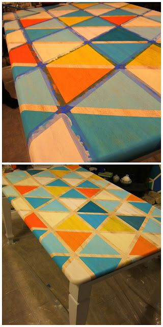 Nine Red: How To: DIY Triangle Pattern Kitchen Tabletop Diy Kitchen Table, Hutch Makeover, Kitchen Table Makeover, Diy Posts, Table Makeover, Diy Makeover, Painting Furniture Diy, Funky Furniture, Triangle Pattern