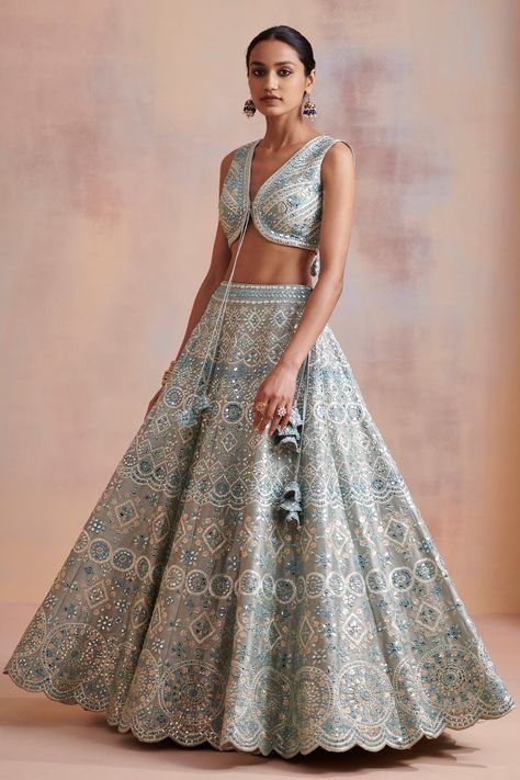 Ice Blue Lehenga, Modern Blouse, Lehenga And Blouse, Mirror Work Lehenga, Blue Organza, Blue Lehenga, Vacuum Storage, Lehenga Blouse, Ghagra Choli