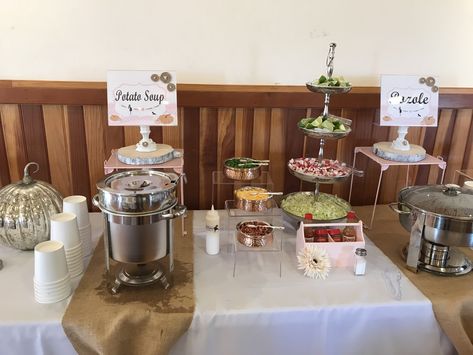 Potato Soup / Pozole + Toppings Baby Shower Soup Table, Baby Shower Soup Station, Pozole Toppings, Potato Soup Bar, Fall Baby Shower Food, Soup For Babies, Soup Bar, Serving Buffet, Polar Plunge