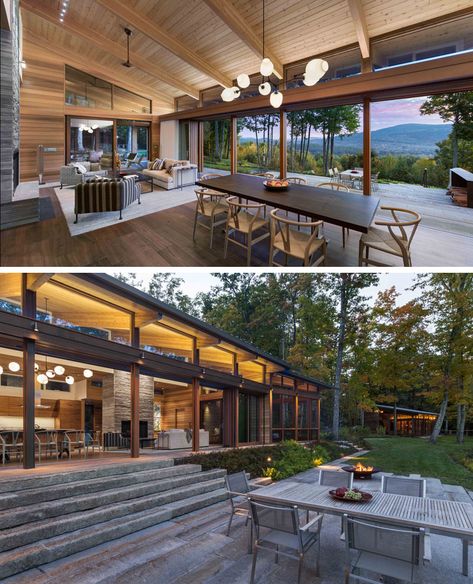 Modern Wood House, Retractable Glass Doors, Living Environment, Garden Cottage, Indoor Outdoor Living, Glass House, Open Floor, House In The Woods, Home Fashion