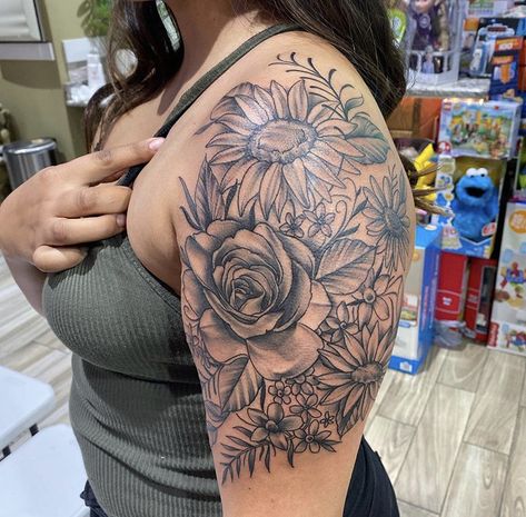 Sunflower Rose Carnation Tattoo, Daisy Half Sleeve Tattoos For Women, Dove Sleeve Tattoo Women, Sunflower Rose Daisy Tattoo, Sunflower And Rose Sleeve Tattoo, Rose And Daisy Tattoo Half Sleeves, Roses Sunflowers Tattoo, Sunflower And Daisy Tattoo Sleeve, Rose And Sunflower Tattoo Shoulder