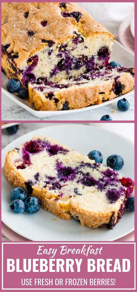 Blueberry Bread is super easy and quick to make from scratch! This moist quick bread is loaded with fresh blueberries and topped with a sprinkle of sugar for some crunch. A perfect quick breakfast for busy mornings that the whole family will love! #blueberrybread #breakfastrecipes #blueberries Easy Blueberry Bread, Blueberry Quick Bread, Blueberry Muffin Bread, Breakfast For Busy Mornings, Breakfast Blueberry, Butter Spreads, Blueberry Bread Recipe, Fruit Dips, Blueberry Breakfast Cake