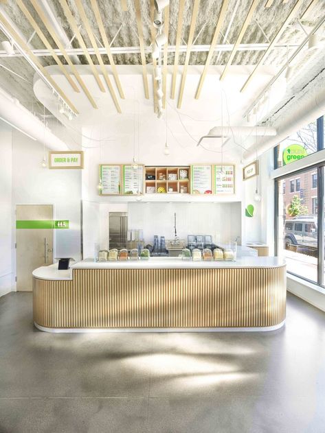 Interior design work for Pure Green juice and smoothie bar franchise locaiton in Chicago, IL. Point of sale retail counter in a modern minimalist neutral design style. Smoothie Bar Interior Design, Modern Juice Bar, Aesthetic Green Juice, Juice Bar Interior, Healthy Restaurants, Hut Design, Juice Bar Design, Bar Counter Design, Retail Counter