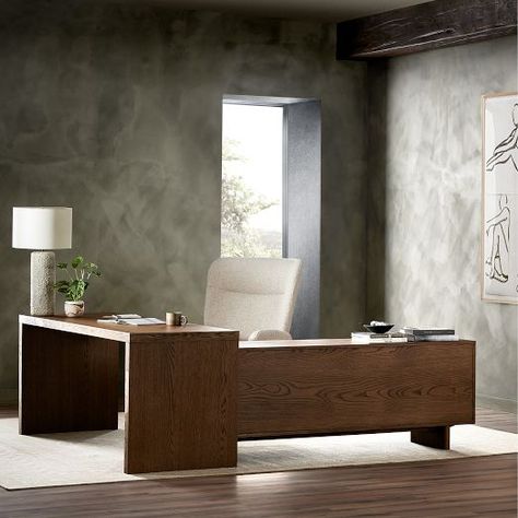 Modern Desks | West Elm L Shaped Executive Desk, Modular Desk, L Shape Desk, Modern Desks, Simple Desk, Brown Furniture, Wood Cover, L Shaped Desk, Executive Desk