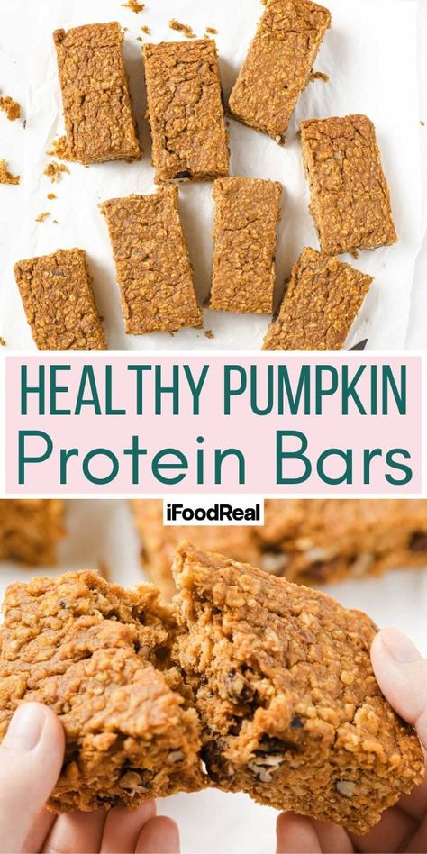 Pumpkin Protein Bars - iFoodReal.com High Protein Snacks Pumpkin, Homemade Pumpkin Protein Bars, Pumpkin Oatmeal Bars Protein, Recipes With Pumpkin Protein Powder, Pumpkin Recipes Protein, Protein Pumpkin Bars, Pumpkin Protein Bar, Healthy Pumpkin Breakfast Bars, Pumpkin Protein Powder Recipes