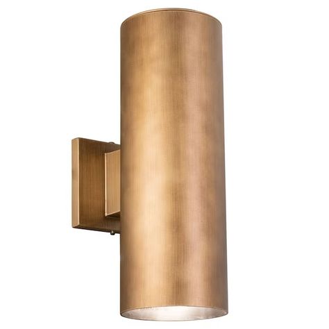 Cascadia Chiasso 2-Light 14.25-in Warm Brass Outdoor Wall Light in the Outdoor Wall Lights department at Lowes.com Outdoor Mid Century, Outdoor Porch Lights, Wall Wash Lighting, Contemporary Transitional, Exterior Light Fixtures, Door Porch, Outdoor Wall Lantern, Cylinder Shape, Porch Lighting