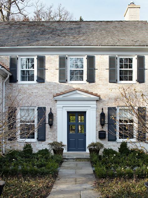 Colonial House Exteriors, Traditional Front Doors, Brick Siding, Clapboard Siding, Black Shutters, House Shutters, Colonial Exterior, Colonial Style Homes, Exterior Front Doors