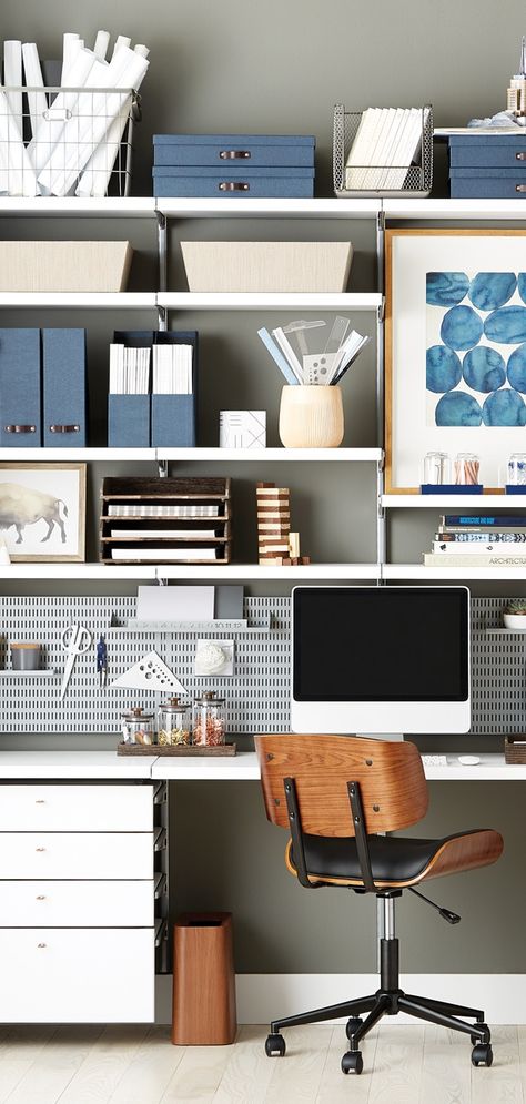 Turn a blank wall into a home office solution that works the way you designed it to with custom Elfa Shelving From The Container Store. Wall Shelves Home Office, Container Store Office Organization, Container Store Office Ideas, Home Office Wall Shelves, Office Design Diy, Elfa Shelving, Home Office Closet, Office Shelving, Office Shelf