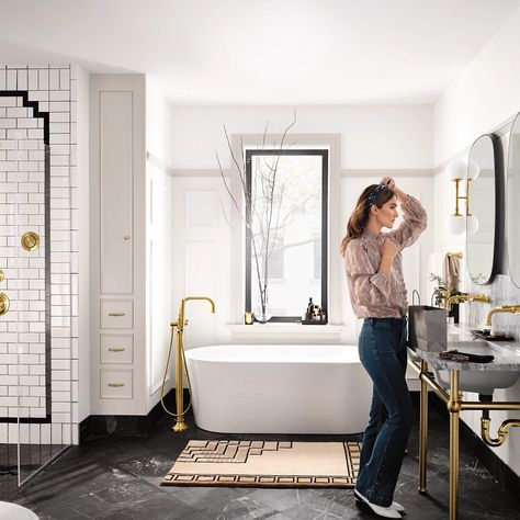 Bathroom Makeover Sweepstakes Entry Confirmation Moen Colinet, Gold Drawer Knobs, Gold Drawer Pulls, Clawfoot Tub Faucet, Art Deco Bathroom, Deco Bathroom, Minimalist Contemporary, Clawfoot Tub, Tub Faucet