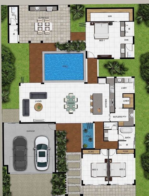 3d Floor Plans, Pool House Plans, Rumah Minecraft, Courtyard House Plans, Small House Floor Plans, Architectural Floor Plans, Architectural Design House Plans, Sims House Plans, Home Design Floor Plans