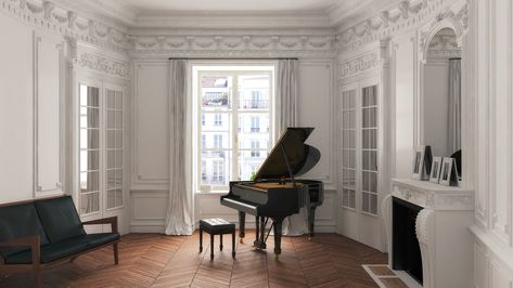 A Steinway is at the heart of this cultured Parisian flat with parquet floors and stunning crown molding. Grand Piano Living Room, Grand Piano Room, Piano Room Decor, Parisian Flat, Piano Living Rooms, Steinway Grand Piano, Steinway Piano, Baby Grand Piano