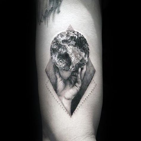 Mens Arm Hand Holding Earth Small Detailed Tattoo Small Detailed Tattoos, Holding Earth, Detailed Tattoos, Atlas Tattoo, Earth Tattoo, Tattoo Placements, Complex Design, C Tattoo, Detailed Tattoo