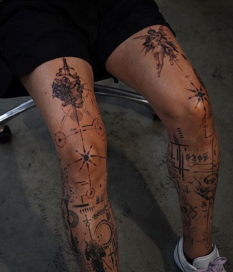 Patchwork Leg Tattoos For Men, Leg Lines Tattoo, Simple Tattoo Sleeve Men, Simplistic Leg Tattoos, Mens Modern Tattoos, Leg Sleeve Male, Men Half Leg Sleeve Tattoo, Fine Line Tattoo Leg Sleeve, Leg Tattoo Men Greek