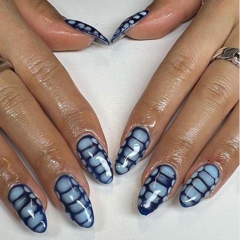 Fall Crocodile Nails, Blue Alligator Nails, Almond Nails Croc Print, Seattle Kraken Nails, White And Blue Almond Nails, Nail Inspo Gel X Almond, Green Croc Print Nails, Trendy Nails Fall 2024, Blue Croc Print Nails