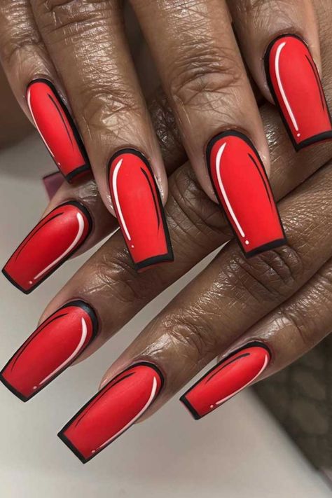 Comic Nail Art, Comic Book Nails, Pop Art Nails, Red Nail Art, Red Acrylic Nails, Matte Nails Design, Simple Acrylic Nails, Red Nail Designs, Nagel Inspo