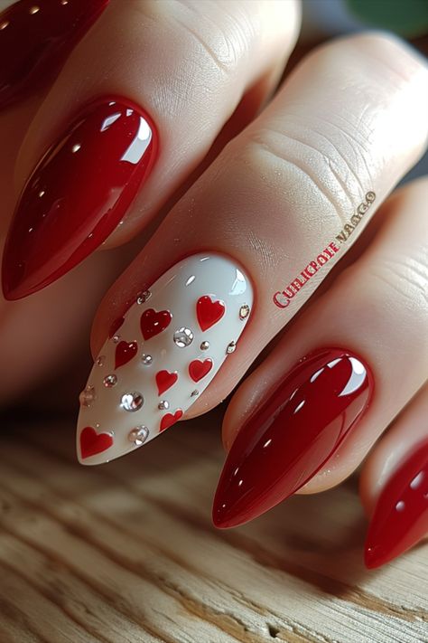 Valentine Nails 2024 Unusual Valentines Day Nails, Feb Nails Valentines Day Almond, Black Red Valentines Nails, Trendy Valentines Day Nails 2024, Red And White Valentines Day Nails, Red Valentines Nails Acrylic, Glitter Valentines Nails, Red Valentine Nails, Valentines Nails Red