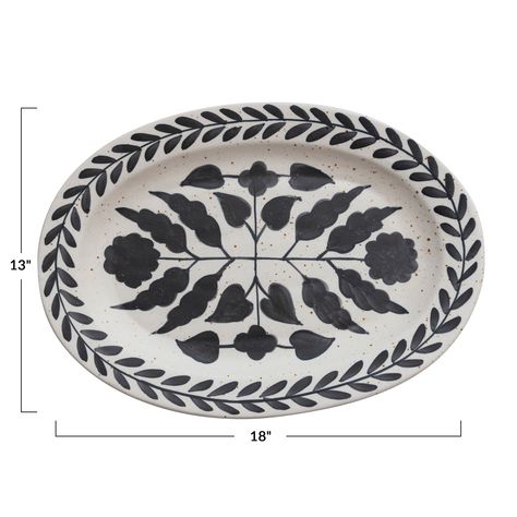 "Find the 18\" Black & White Hand Painted Stoneware Platter at Michaels. com. This cottage-inspired stoneware platter features a masterfully hand-painted floral design and a speckled glaze. This cottage-inspired stoneware platter features a masterfully hand-painted floral design and a speckled glaze. It's perfect for showing off at dinner parties. Details: Black and white 18\" x 13\" x 2\" Dishwasher safe Food safe Made from stoneware | 18\" Black & White Hand Painted Stoneware Platter By Hello Black Folk Art, White Platter, Pinch Pots, Painted Plates, Hand Painted Plates, Creative Co Op, Oval Platter, Antique Farmhouse, Pottery Painting