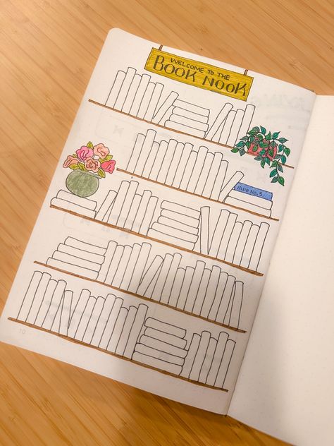 Bullet journal page with bookshelves filled with books and two potted plants. Title says “welcome to the book nook” Bookshelf Reading Journal, Book Journal Bookshelf, Bookshelf Reading Tracker, Tbr Bullet Journal, Tbr List Bullet Journal, Bujo Bookshelf, Bookshelf Bullet Journal, Yearly Reading Tracker, Journal Bookshelf