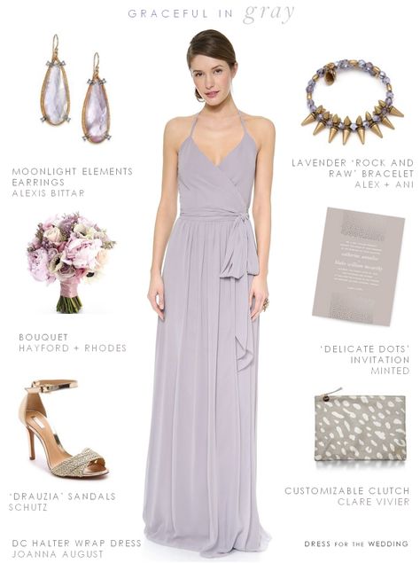 Gray Maxi Dress for bridesmaid dresses or wedding attire. #grey #Bridesmaids Lavender Accessories, Dress For Bridesmaid, Gray Maxi Dress, Pretty Bridesmaid Dresses, Grey Gown, Unique Bridesmaid Dresses, Yellow Maxi Dress, Pale Lavender, Grey Maxi