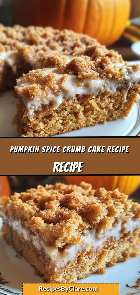 This moist and flavorful pumpkin spice cake is the perfect fall treat! Topped with a crunchy cinnamon crumb layer, every bite brings the warm essence of autumn spices. The combination of pumpkin and crumbly topping makes this cake irresistible.

Ingredients:

1 cup pumpkin puree
1/2 cup brown sugar
1 1/2 cups all-purpose flour
1 tsp pumpkin spice
This cake is perfect for cozy fall mornings or an indulgent evening dessert with its moist texture and spiced crunch. Sip And Feast Crumb Cake, Pumpkin Crumb Cake Easy, Easy Pumpkin Crunch Cake, Spice Cake Pumpkin Bars, Nothing Bundt Pumpkin Spice Cake, Pumpkin Cake 2 Ingredients, Pumpkin Crumb Coffee Cake, Pumpkin Coffee Crumb Cake, Pumpkin Spiced Coffee Cake