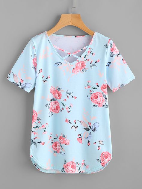 Shop Florals Criss Cross V-neckline Tee online. SheIn offers Florals Criss Cross V-neckline Tee & more to fit your fashionable needs. Cotton Short Tops, Unique Graphic Design, Cute Shirt Designs, Fashion Tops Blouse, Trendy Fashion Tops, Ladies Tops, Crop Top Outfits, Printed T Shirts, Stylish Dress Designs