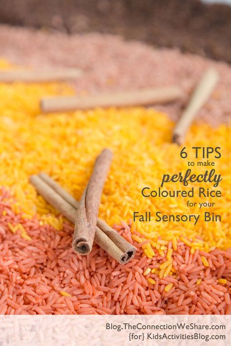 6 Tips to Make Colored Rice Perfect for Your Fall Sensory Bin Fall Sensory Bin, Fall Sensory, Senses Activities, Subscription Boxes For Kids, Colored Rice, Sensory Boxes, Autumn Activities For Kids, Sensory Bottles, Sensory Table