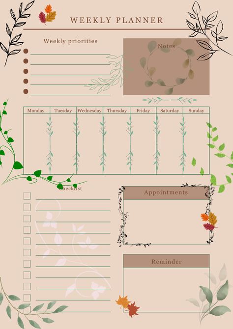 Fall themed weekly planner Fall Planner Aesthetic, Canva Planner Ideas, Journal Templates Layout, Print Stickers Free Printable, Kertas Vintage, Fall Planner, Free Planner Templates, Study Planner Printable, Weekly Planner Template