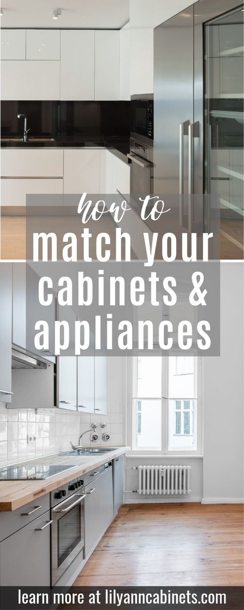 Ever wondered how to match your kitchen cabinets and appliances? Not to worry! We're going over the best appliances for each cabinet style + color. Stainless steel appliances, white, black, grey, + more! From your fridge to your stove, its important to match your cabinets to your appliances. Visit LilyAnnCabinets.com today to shop our premium selection of RTA cabinetry for every appliance style! #KitchenCabinets #KitchenAppliances | Kitchen Design Blog Light Gray Kitchen Cabinets With Black Stainless Steel Appliances, Kitchen Cabinet Color With White Appliances, Dark Cabinet White Appliances, Black Stove Kitchen Ideas, White Vs Stainless Steel Appliances, Cabinet Color With Black Appliances, Kitchen Cabinet Colors With Stainless Steel Appliances, Kitchen Cabinet Color Ideas With Black Appliances, Kitchen Colors With Stainless Appliances