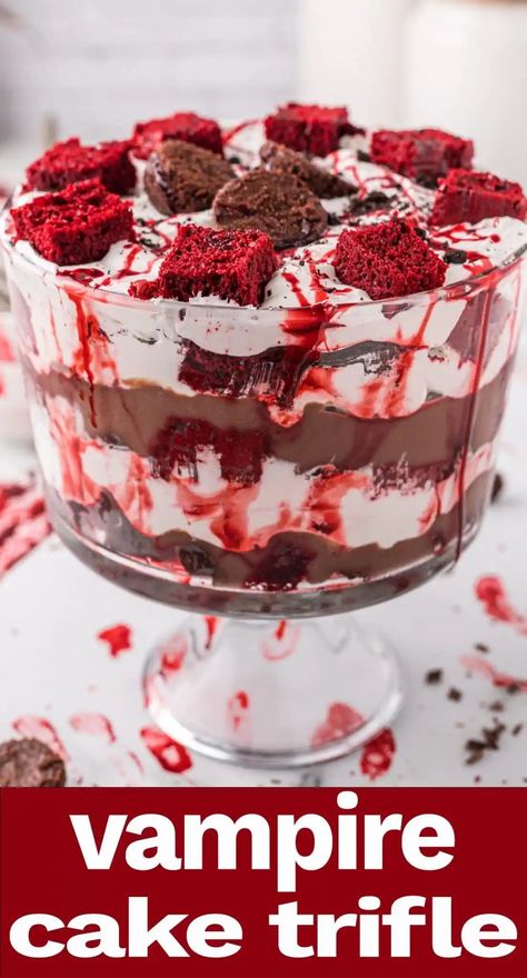 A fantastically spooky dessert to bring to your next Halloween party. This Vampire Halloween Trifle with cake, pudding, brownies and edible blood will give everyone a scare. Halloween Trifle, Edible Blood, Vampire Cake, Pudding Brownies, Trifle Cake, Halloween Potluck, Spooky Halloween Desserts, The Best Cake Recipes, Halloween Deserts