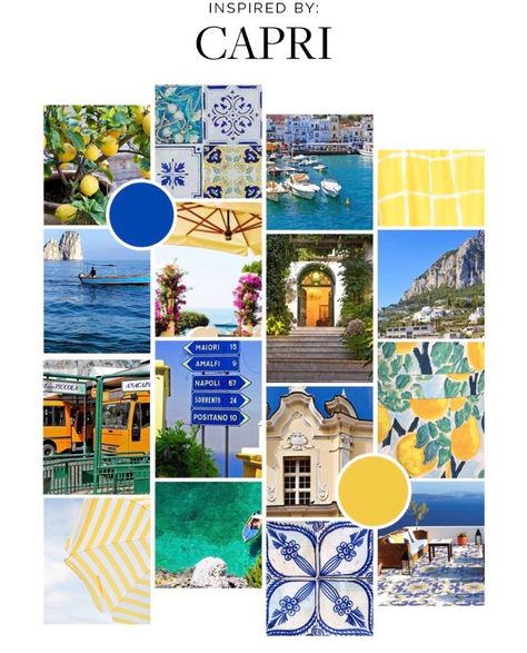 Inspired by Capri Italy Theme Bathroom, Amalfi Style Interior, Capri Inspired Decor, Amalfi Colour Palette, Amalfi Mood Board, Amalfi Coast Inspired Patio, Capri Home Decor, Capri Interior Design, Capri Inspired Party