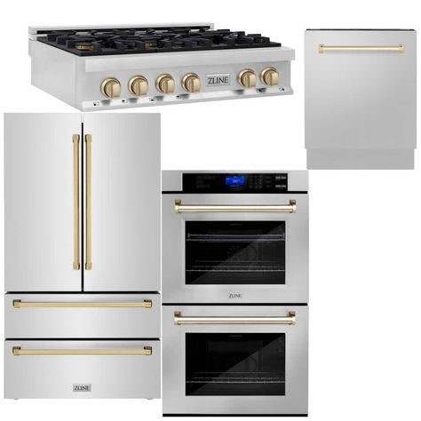 Save with our ZLINE Autograph Edition Stainless Steel & Gold Kitchen Appliances Bundle at The Home Depot. We have the best prices on the newest Package Title to breathe new life into the heart of your home. Bosch White Appliances, Kitchen With Oven Hood, Stainless Steel Fridge With Gold Handles, White And Gold Stove Range, White Zline Appliances, White Cabinets And White Appliances, Gold Kitchen Knobs With Silver Appliances, Ikea Kitchen Appliances, Cafe Stainless Appliances