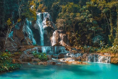 Kuang Si Falls, Cheap Countries To Travel, Pakse, Luang Prabang Laos, Vientiane, Chiang Rai, Luang Prabang, Countries To Visit, Beautiful Waterfalls