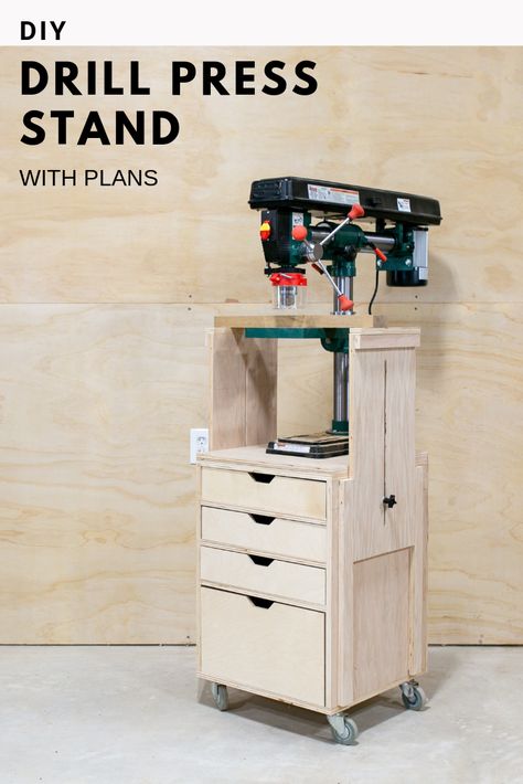 You can build this mobile drill press stand, with side supports, for you shop. Full detailed how-to video and plans available! Officine In Garage, Drill Press Stand, Drill Press Table, Woodworking Shop Plans, Woodworking Shop Layout, Woodworking Shop Projects, Diy Garage Storage, Wood Shop Projects, Diy Mobile