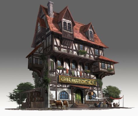 Medieval Pub House, Jongmin Ahn on ArtStation at https://www.artstation.com/artwork/wq1GZ Concept Art House, Kakariko Village, Construction Minecraft, Fantasy Buildings, العصور الوسطى, 3d Karakter, Medieval House, Medieval Artwork, Fantasy Town