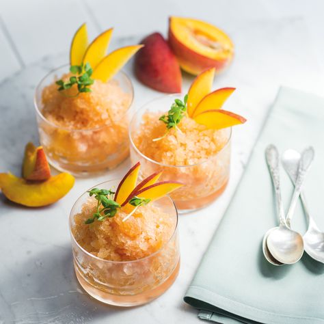 Peach-Basil Granita | Charleston Peach Moscato, Peach Basil, Granita Recipes, Recipe Mango, Yummy Summer Drinks, Bbq Catering, Fruity Treats, Peach Puree, City Magazine