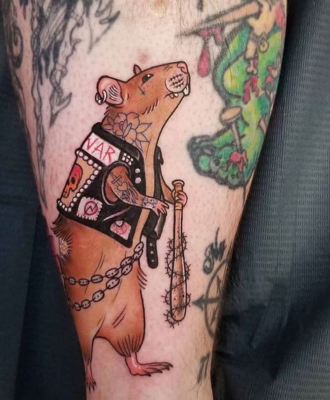 Tattoo Snob on Instagram: “Street Rat tattoo by @stampygoblyn at @sevenswordstattoocompany in Philadelphia, PA #stampygoblyn #shannongamerl #sevenswordstattoocompany…” Dragon And Rat Tattoo, Rat Clown Tattoo, Silly Traditional Tattoos, Punk Rat Tattoo, Neo Trad Animal Tattoo, Rat Traditional Tattoo, Punk Tattoo Sleeve, Year Of The Rat Tattoo, Rat Tattoo Traditional