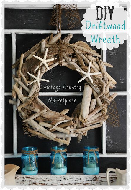 Vintage Country Style, Diy Driftwood, Driftwood Wreath, Driftwood Diy, Coastal Wreath, Driftwood Projects, Beach Wreath, Driftwood Decor, Driftwood Crafts