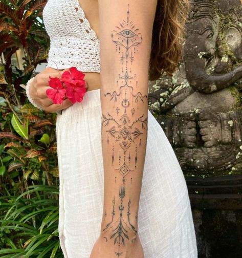 Spiritual Tattoos Arm Women, Spiritual Ornamental Tattoo, Spiritual Tattoos Arm Sleeve, Spiritual Tattoos For Women Arm, Half Sleeve Tattoo For Woman, Women Underarm Tattoo, Celestial Arm Sleeve, Bohemian Arm Tattoo, Boho Arm Sleeve Tattoo