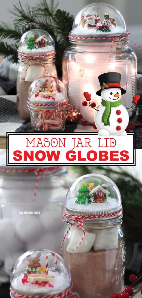 Mason Jar Lid Snow Globe - Smart School House Mason Jars Snow Globes, How To Make Snow Globes With Mason Jars, Mason Jar Globes, Christmas Domes Diy, Snow Globe Mason Jar Gifts, Snow Globe Mason Jars Diy, Snow Globe Topped Mason Jar, Mason Jar Christmas Snow Globes, Mason Jar Snow Globe Topper