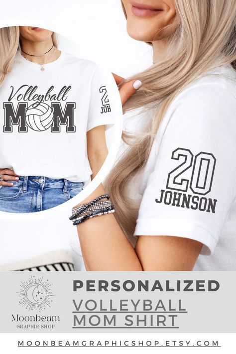 The perfect gift for the Volleyball Mom in your life! This personalized shirt is a great way to show your appreciation for her birthday, Mother's Day, or any occasion.  She'll love cheering on her favorite player (with their number and last name on the sleeve!) in style. #volleyballmom #gift #mothersday #birthday #volleyballlife #volleyballmomshirts #volleyballmomgiftidea #volleyballmomoutfit #teammomgiftsvolleyball #teammomvolleyballshirts #clubvolleyballteammom Volleyball Mom Shirts Design, Volleyball Ideas, Team Mom Gifts, Volleyball Mom Shirts, Unique Graphic Design, Volleyball Shirts, Vinyl Monogram, Volleyball Mom, Team Mom