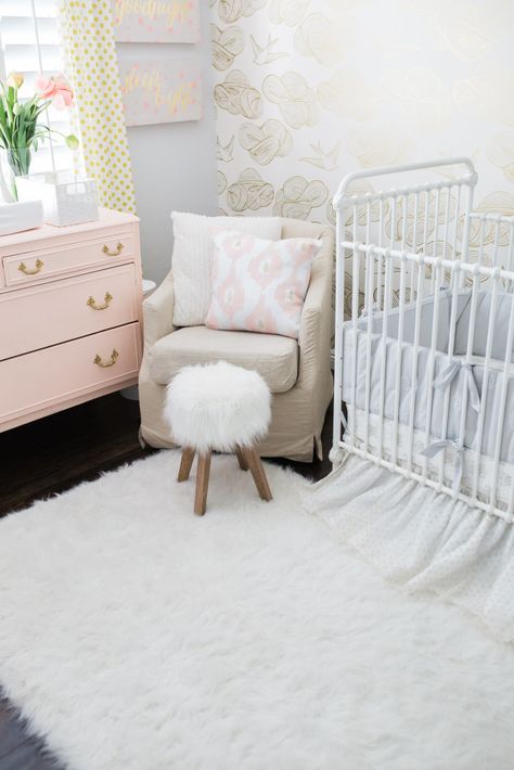 Project Nursery - Feminine Nursery with Gold Accents - Project Nursery Pink Dresser Nursery, Nursery Blue Walls, Chic Baby Girl Nursery, Shabby Chic Baby Girl Nursery, Glam Nursery, Feminine Nursery, Nursery Design Girl, Girl Nursery Wallpaper